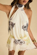Printed Sleeveless Backless Lace Up High Waist Mini Dress