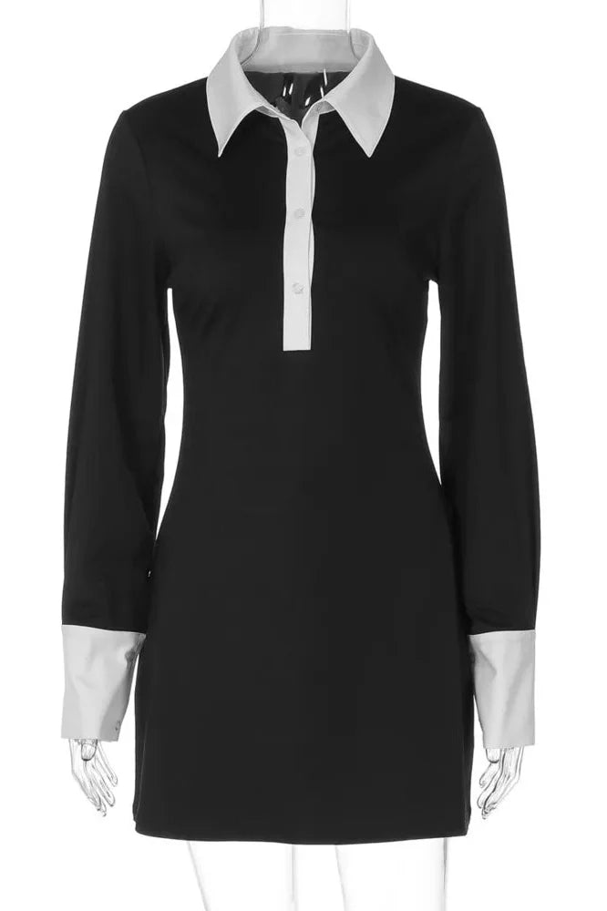 Patchwork Long Sleeve Single-Breasted High Waist Mini Dress