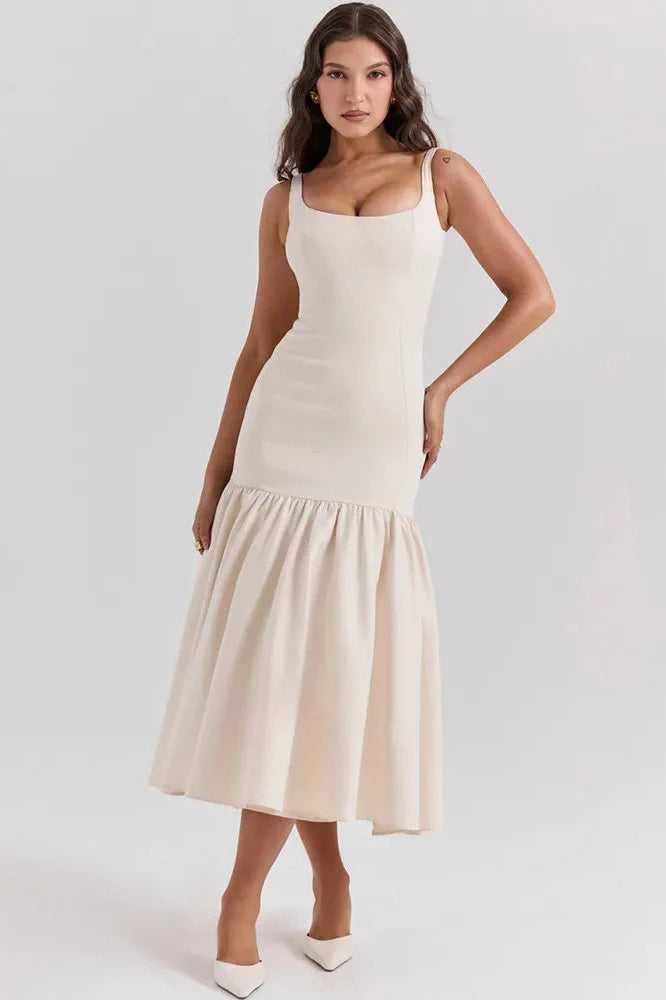 Backless Square Collar Sleeveless Loose Pleated Maxi Dress