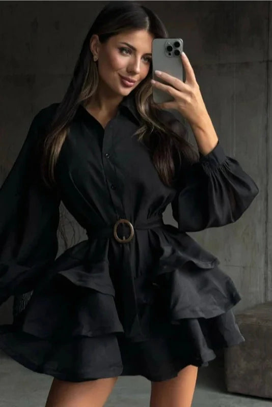 Elegant Long Sleeves Single-Breasted Belt Mini Dress