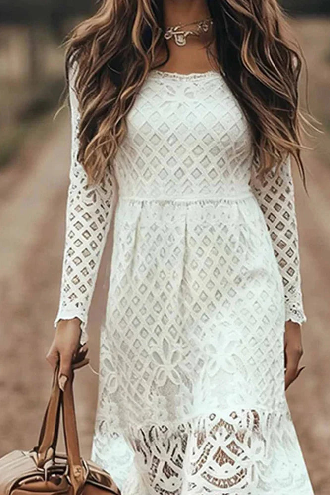 Lace Embroidery U-Collar Long Sleeve High Waist Midi Dress