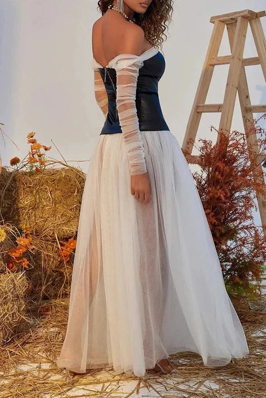 Off Shoulder Pleated High Waist PU Leather Maxi Dress