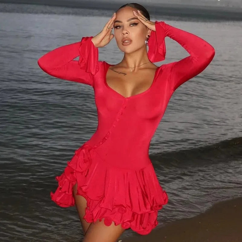 Elegant V-Neck Button Patchwork Mini Dress