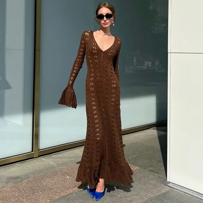 Hollow Knitted Long Sleeve Maxi Dress