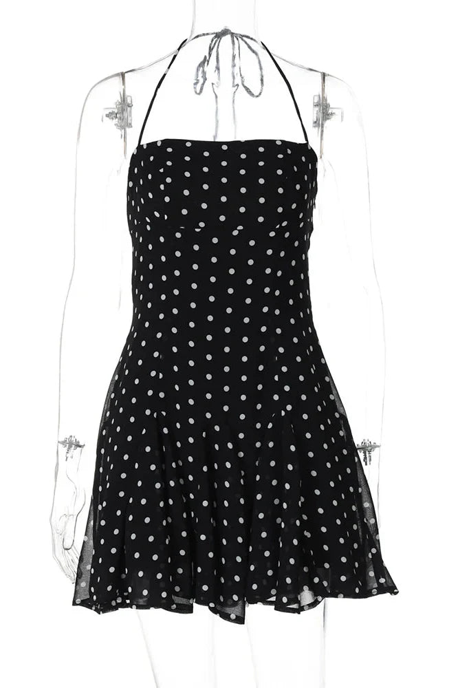 Polka Dot High Waist Pleated Sleeveless Printed Slim Mini Dress
