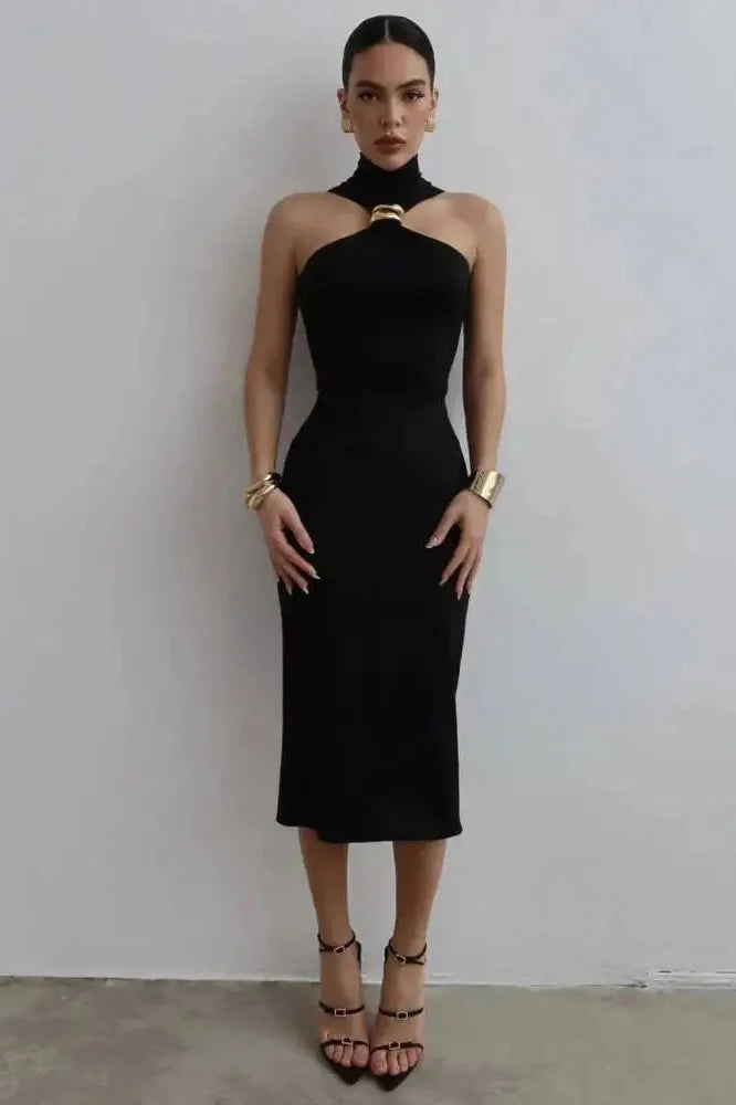 Turtleneck Off-Shoulder Sleeveless Backless Midi Dress
