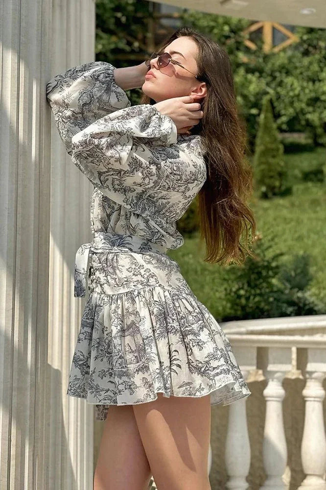 Elegant Printed Lace Up Long Sleeve Mini Dress