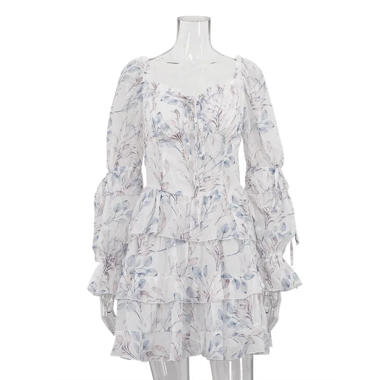 Printed Square Collar Long Sleeve Lace-Up Mini Dress