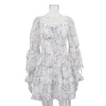 Printed Square Collar Long Sleeve Lace-Up Mini Dress