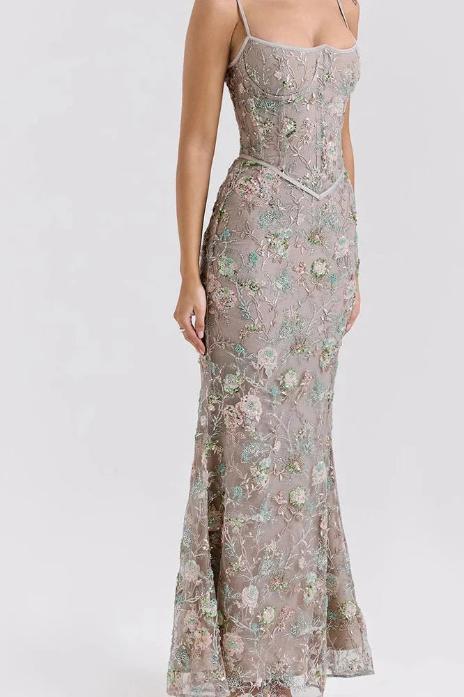 Hollow Out Lace Embroidery Slim Backless Maxi Dress