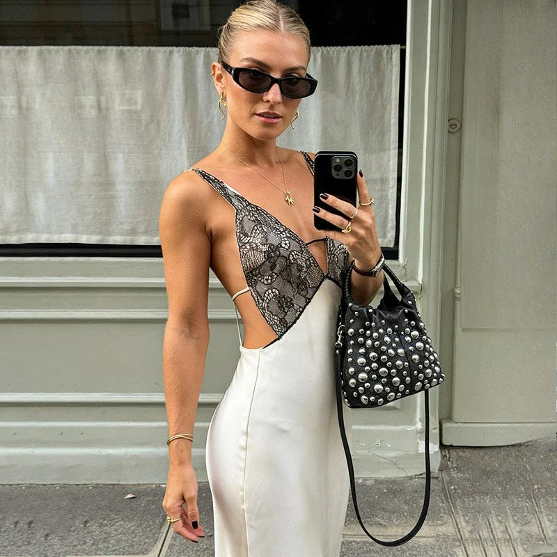 Elegant Deep V-Neck Patchwork Backless Maxi Dress