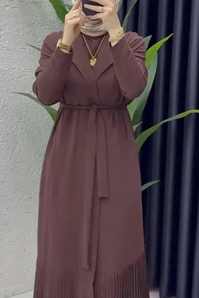 Elegant O-Neck Long Sleeve High Waist Pleated Maxi Dress