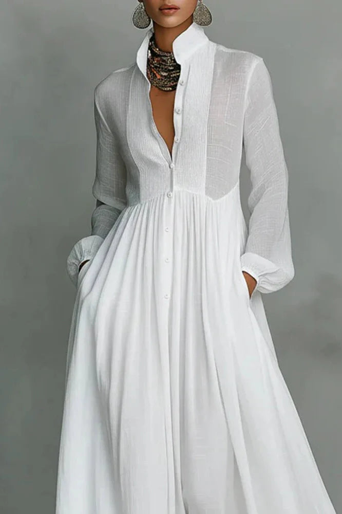 Elegant Long Sleeve Pleated High Waist Maxi Dress