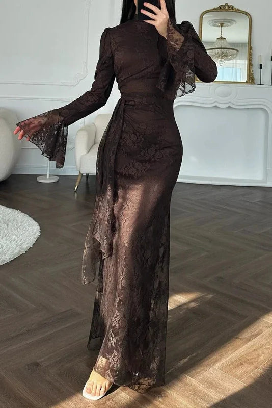 Pleated Lace Slim High Waist Maxi Dress