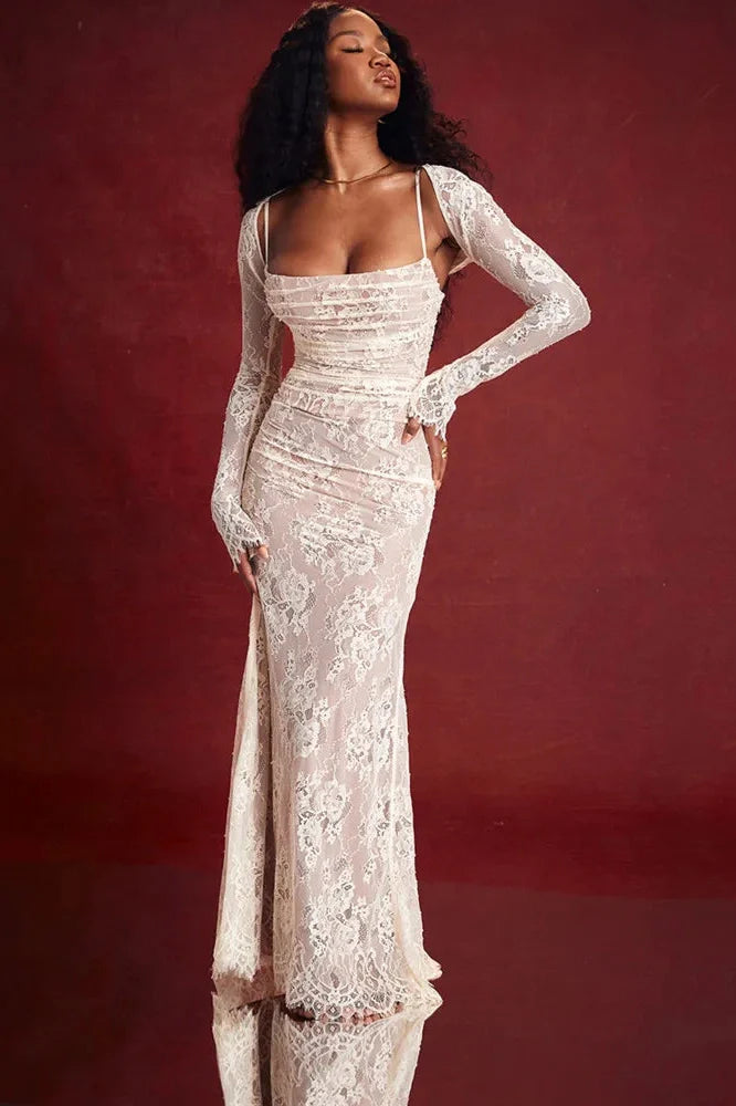 Elegant Lace Print Spaghetti Strap Long Sleeve Maxi Dress