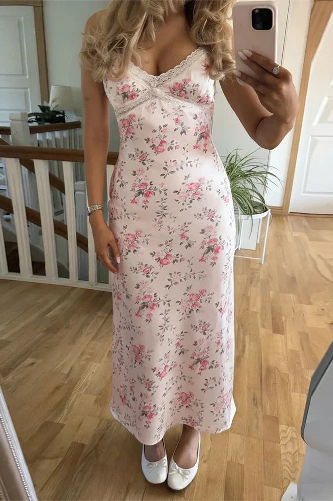 Lace Printed Backless High Waist Slim V-Neck Maxi Dress