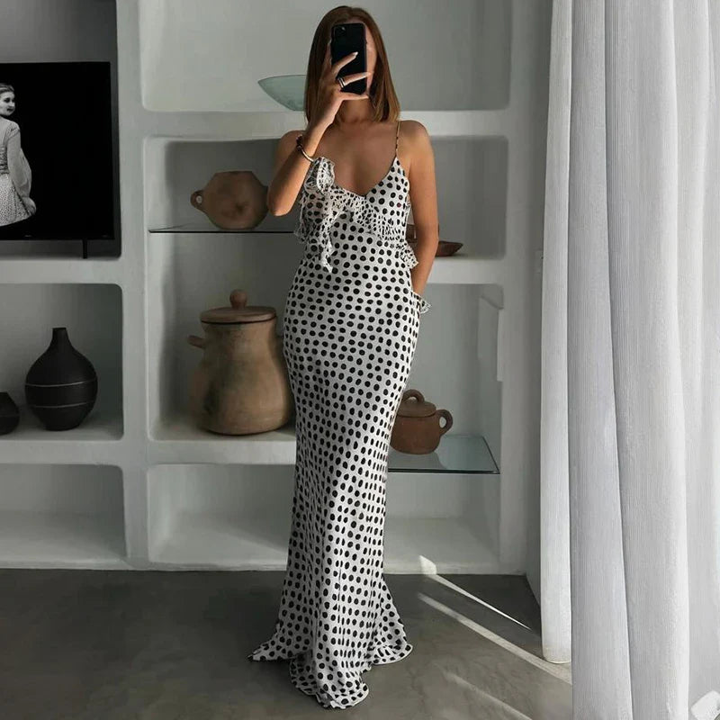 V Neck Printed Spaghetti Strap Slim Maxi Dress