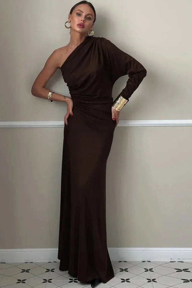 Inclined Shoulder One Sleeve Backless Irregular Maxi Dress