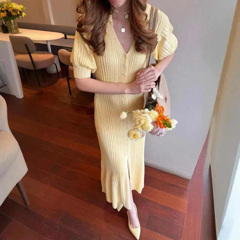 Puff Sleeve Knitted Maxi Dress