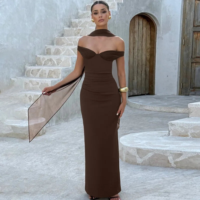 Scarf Collar Strapless Backless Slit Maxi Dress