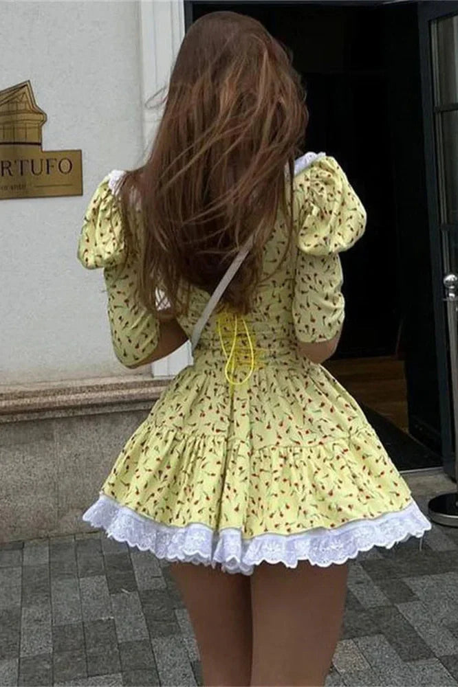 Printed Patchwork V-Neck Short Sleeve Slim Mini Dress