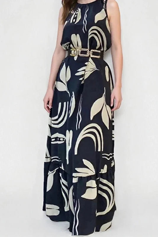 O-Neck Sleeveless Pleated High Waist Printed Maxi Dress