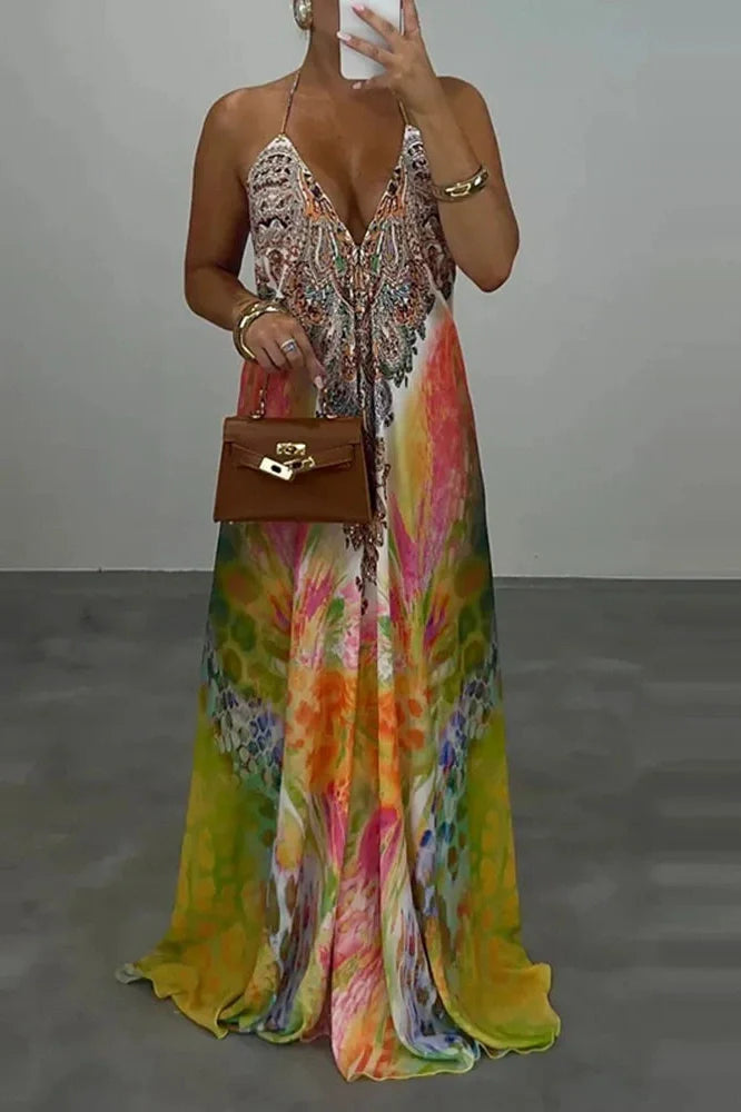 Printed High Waist V-Neck Backless Sleeveless Loose Maxi Dress