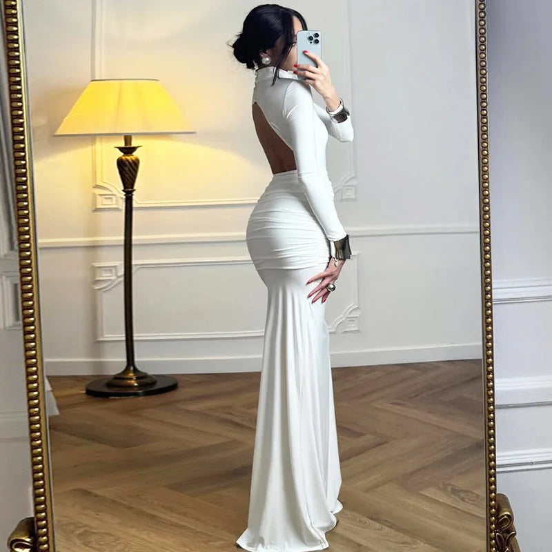 Backless Slim Turtleneck Long Sleeve Maxi Dress