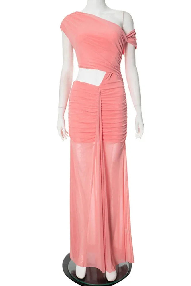Hollow Out Sleeveless Pleated High Waist Off-Shoulder Slim Maxi Dress
