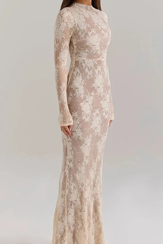 Hollow Out O-Neck Pleated Printed Lace Long Sleeve Slim Maxi Dress