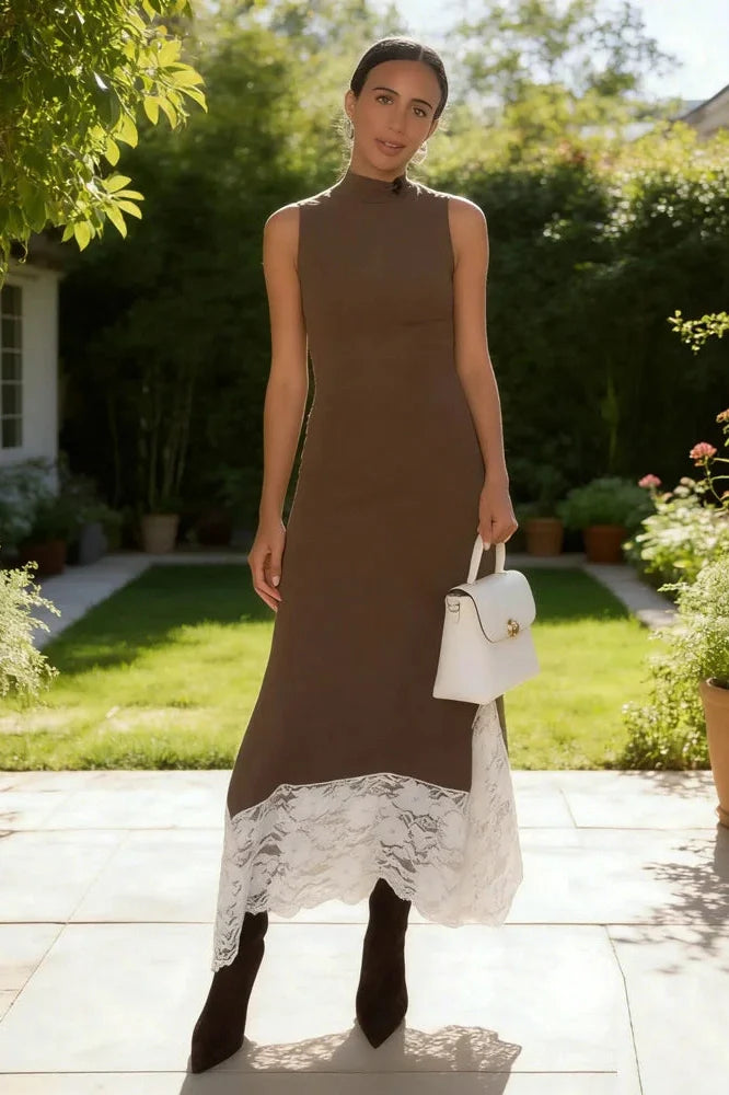 Lace Patchwork Sleeveless Slim High Waist Maxi Dress