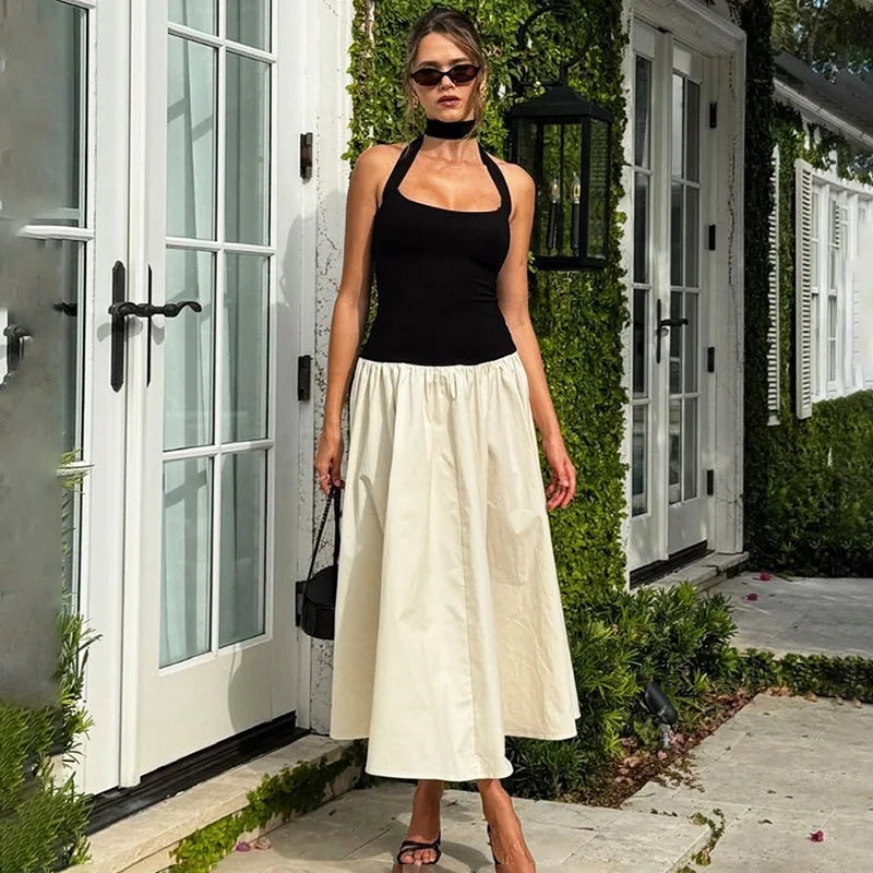 Elegant Backless Patchwork Maxi Dress