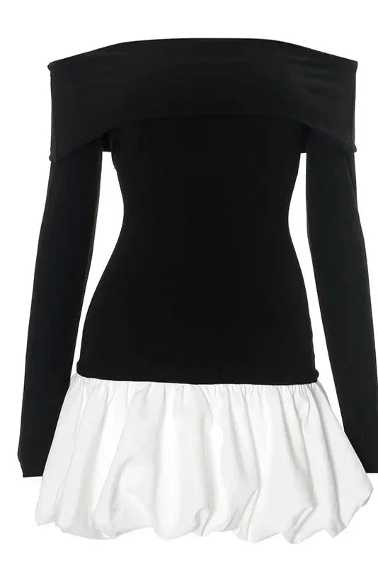 Elegant Off-Shoulder Patchwork Long Sleeve Slim Mini Dress