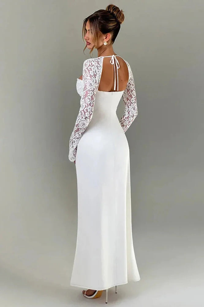 Lace Long Sleeve Square Collar Backless Maxi Dress
