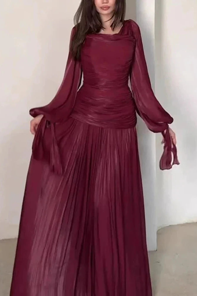 Long Sleeve O-Neck High Waist Pleated Maxi Dress