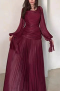 Long Sleeve O-Neck High Waist Pleated Maxi Dress