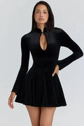 Hollow Out Long Sleeve Velvet Turtleneck High Waist A-line Mini Dress