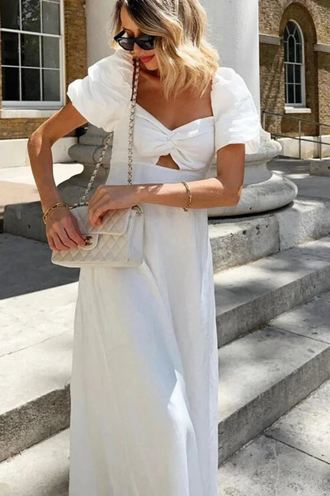 Hollow Out Cotton Square Collar Puff Sleeve Slim A-Line Maxi Dress