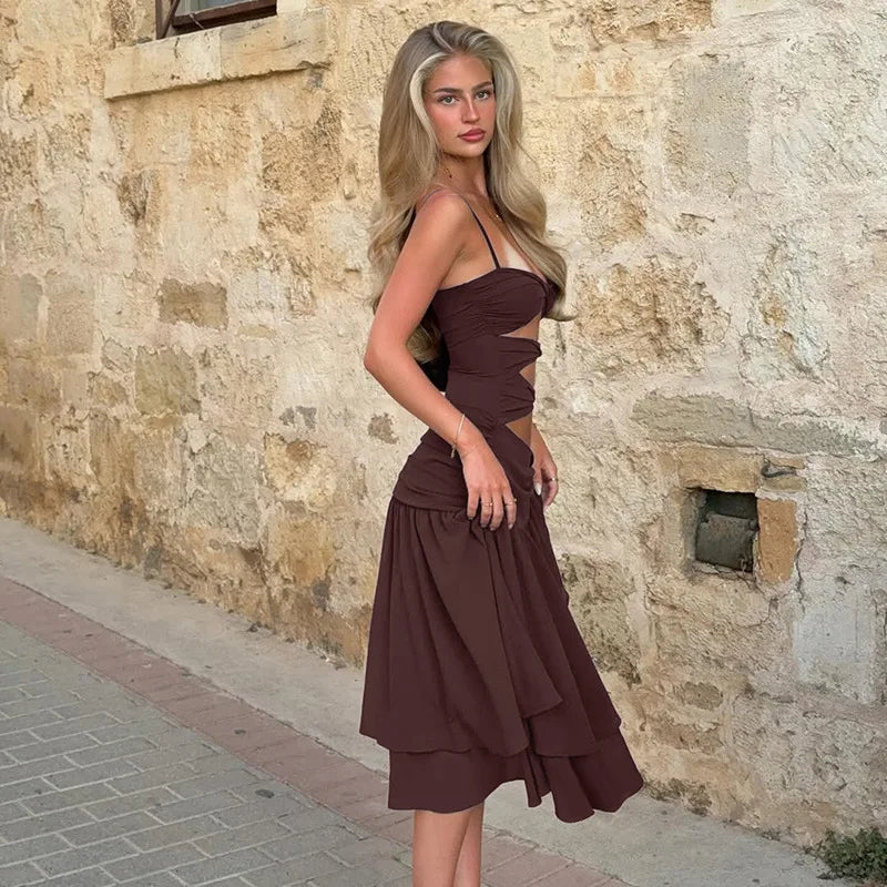Hollow Out Slim Spaghetti Strap Midi Dress