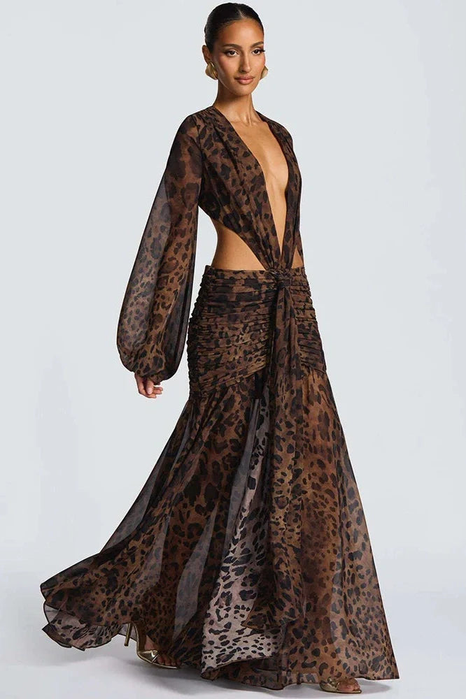 Hollow Out Printed Long Sleeve Backless Bodycon Maxi Dress