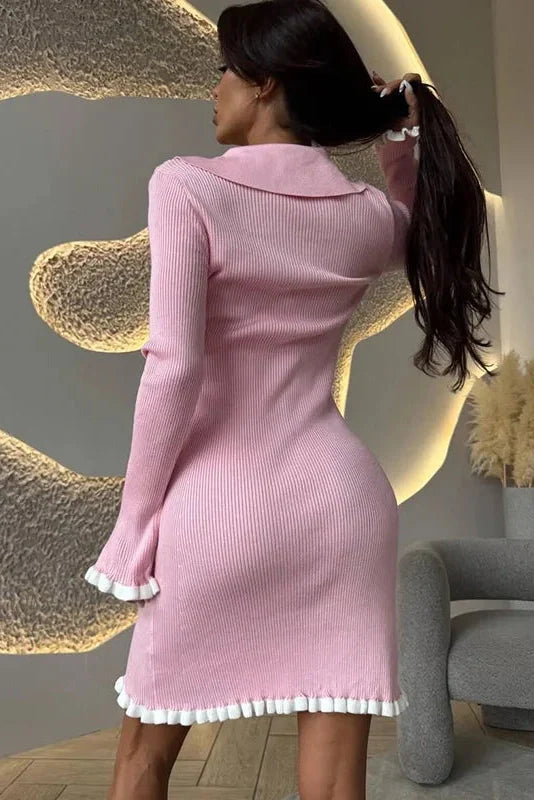Elegant Knitted Long Sleeve Single-Breasted Bodycon Mini Dress