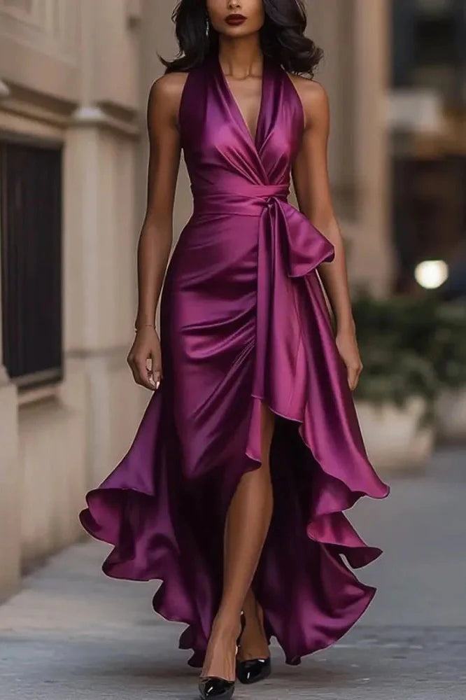 Lace Up Off Shoulder V-Neck Slim Pleated Irregular Maxi Dress