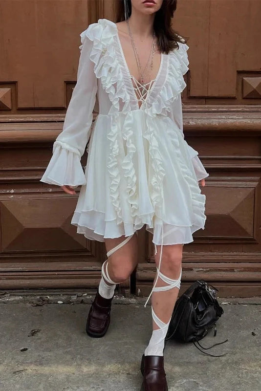 Elegant Long-Sleeved V-Neck High-Waisted Mini Dress