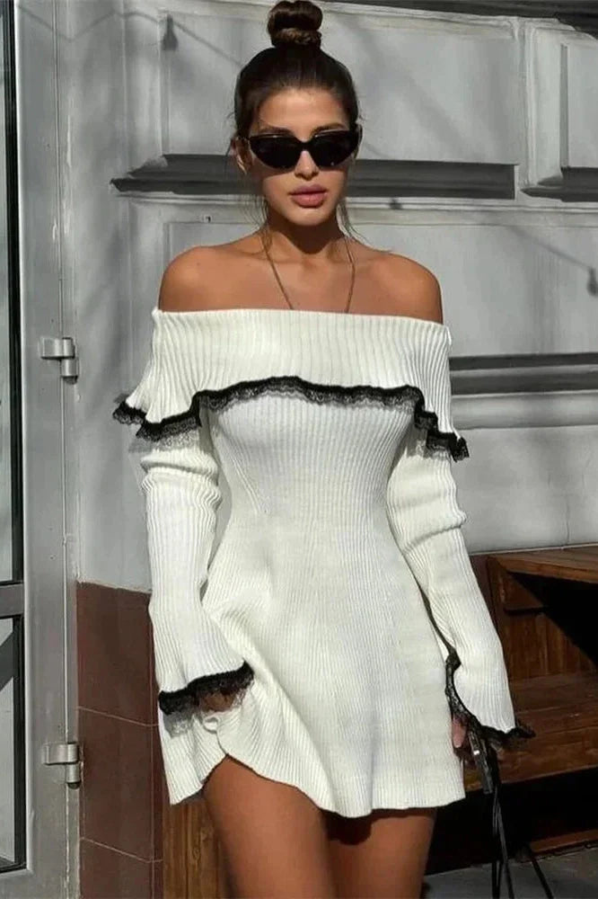 Off-Shoulder Lace Patchwork Slim Backless Mini Dress