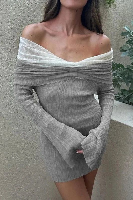 Off-Shoulder Knitted Long Sleeve Slim Backless Mini Dress
