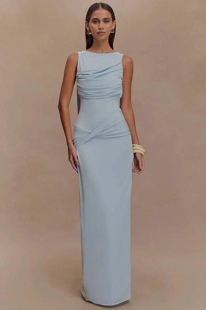 Backless O Neck High Split Bodycon Maxi Dress