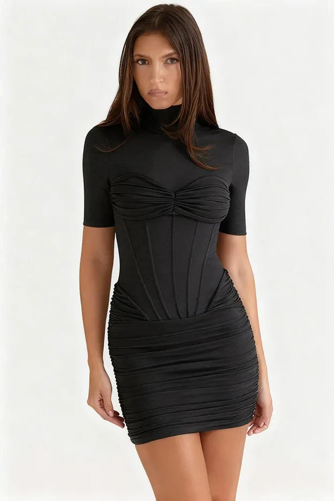 Turtleneck Short Sleeve Zipper Bodycon Midi Dress