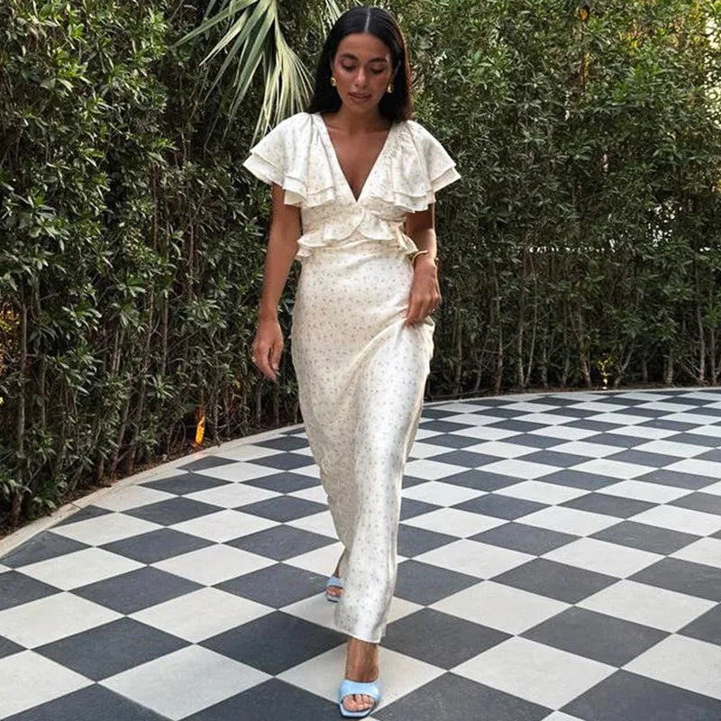 Printed V-Neck Sleeveless High Waisted Maxi Dress