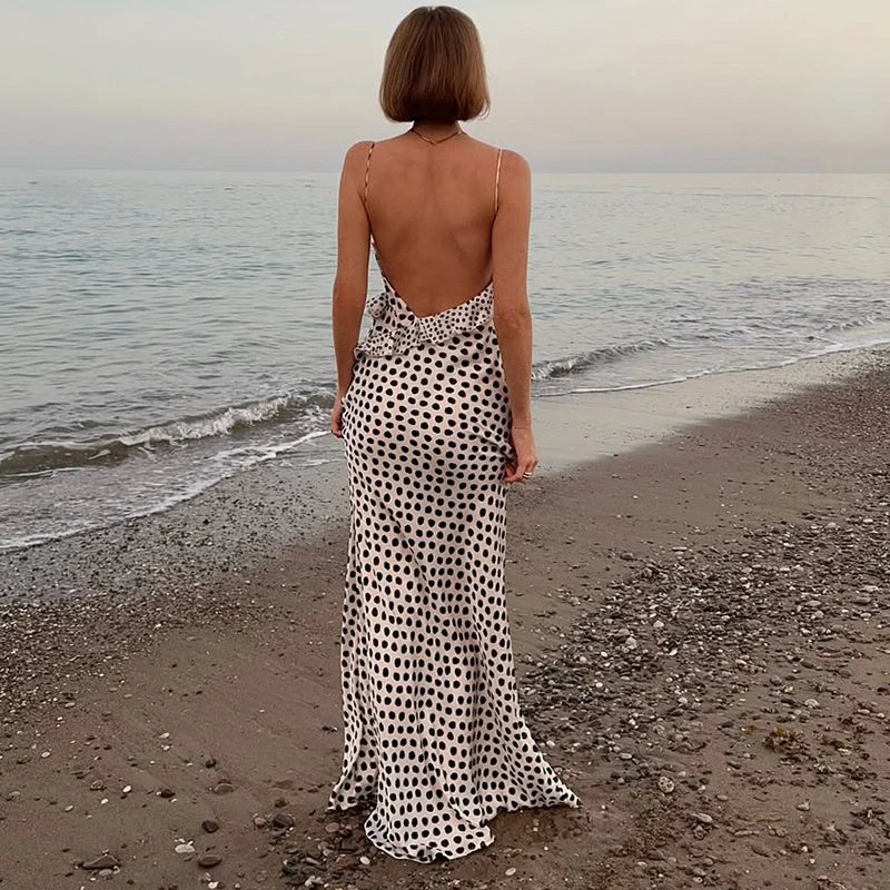 Polka Dots V-Neck Backless Printed Maxi Dress