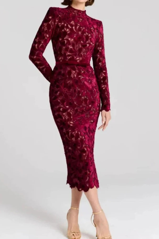 Hollow Out Lace Embroidery Long Sleeve High Waist Midi Dress